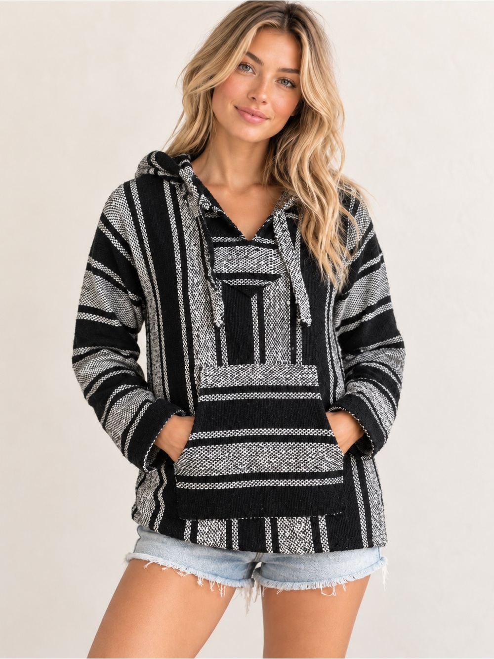 Black & White Striped Baja Hoodie Sweatshirt